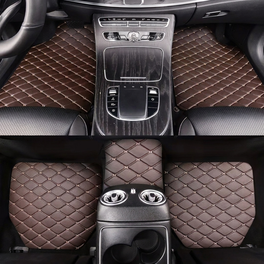 Universal Car Floor Mats Brown  – 5 Piece PU Leather Waterproof Interior Protector Set