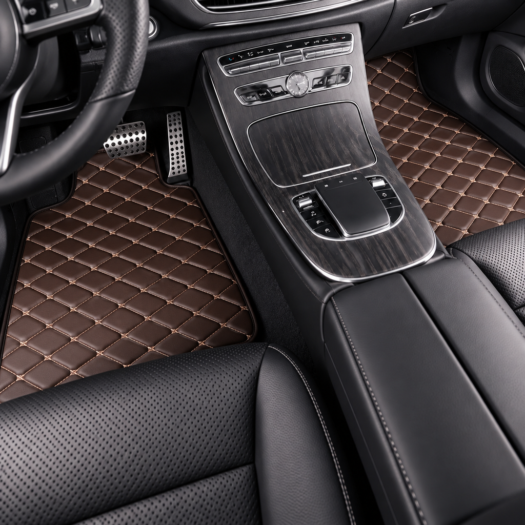 Universal Car Floor Mats Brown  – 5 Piece PU Leather Waterproof Interior Protector Set