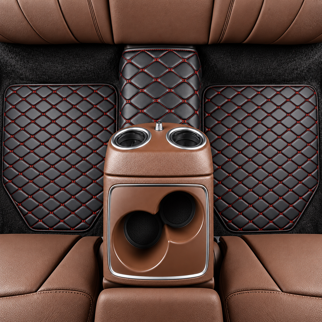 Universal Car Floor Mats Red  – 5 Piece PU Leather Waterproof Interior Protector Set