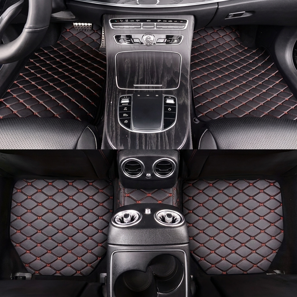 Universal Car Floor Mats Red  – 5 Piece PU Leather Waterproof Interior Protector Set
