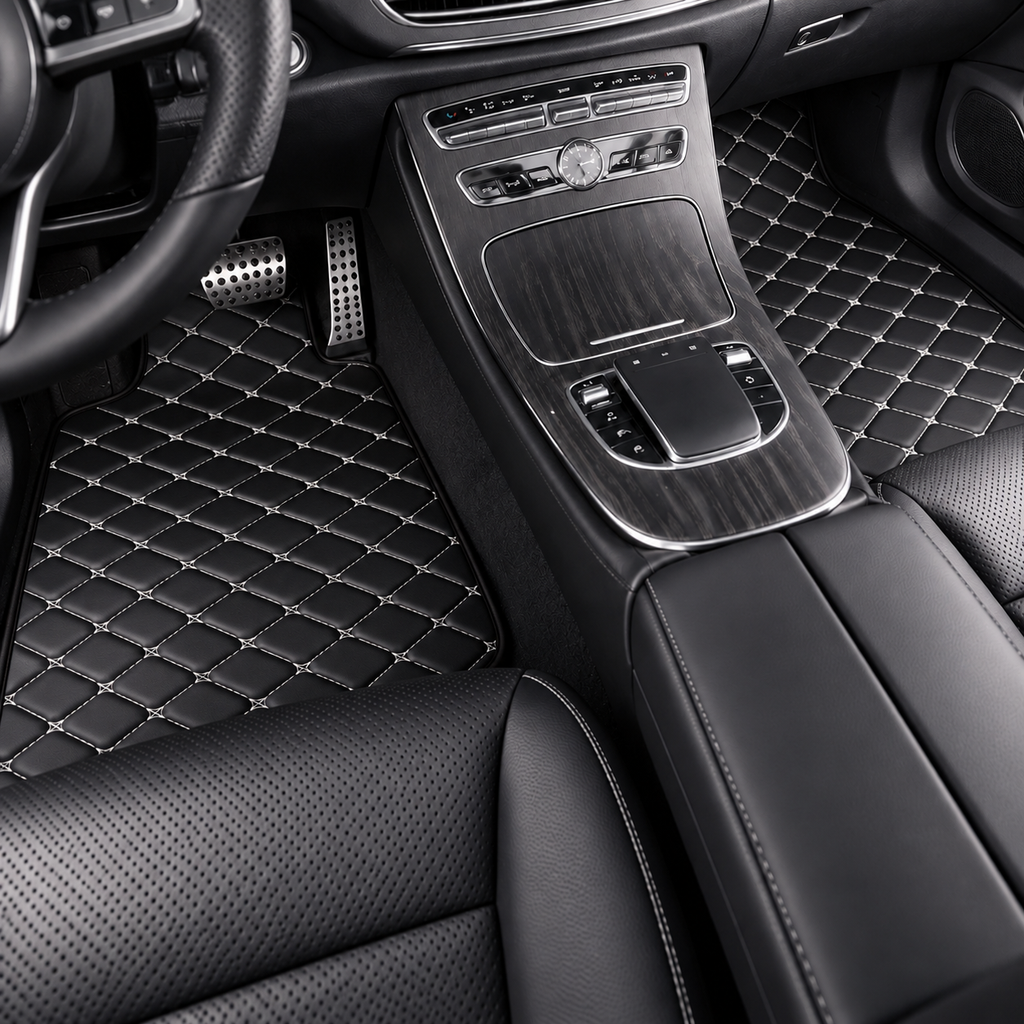 Universal Car Floor Mats White & Black  – 5 Piece PU Leather Waterproof Interior Protector Set