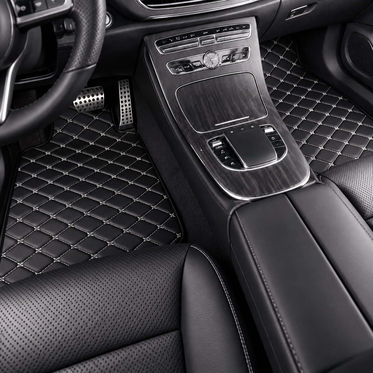 Universal Car Floor Mats White & Black  – 5 Piece PU Leather Waterproof Interior Protector Set