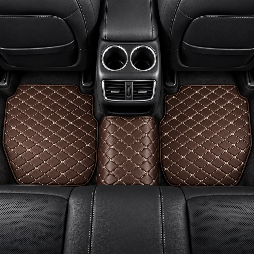 Universal Car Floor Mats Brown  – 5 Piece PU Leather Waterproof Interior Protector Set