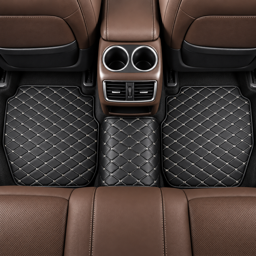 Universal Car Floor Mats White & Black  – 5 Piece PU Leather Waterproof Interior Protector Set