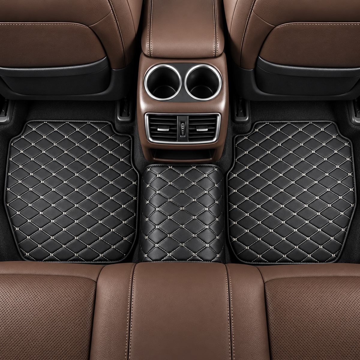 Universal Car Floor Mats White & Black  – 5 Piece PU Leather Waterproof Interior Protector Set